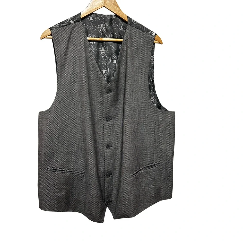Vintage Mens 46L Gray Formal Suit Vest Wool Blend 5 Button Wedding Waistcoat